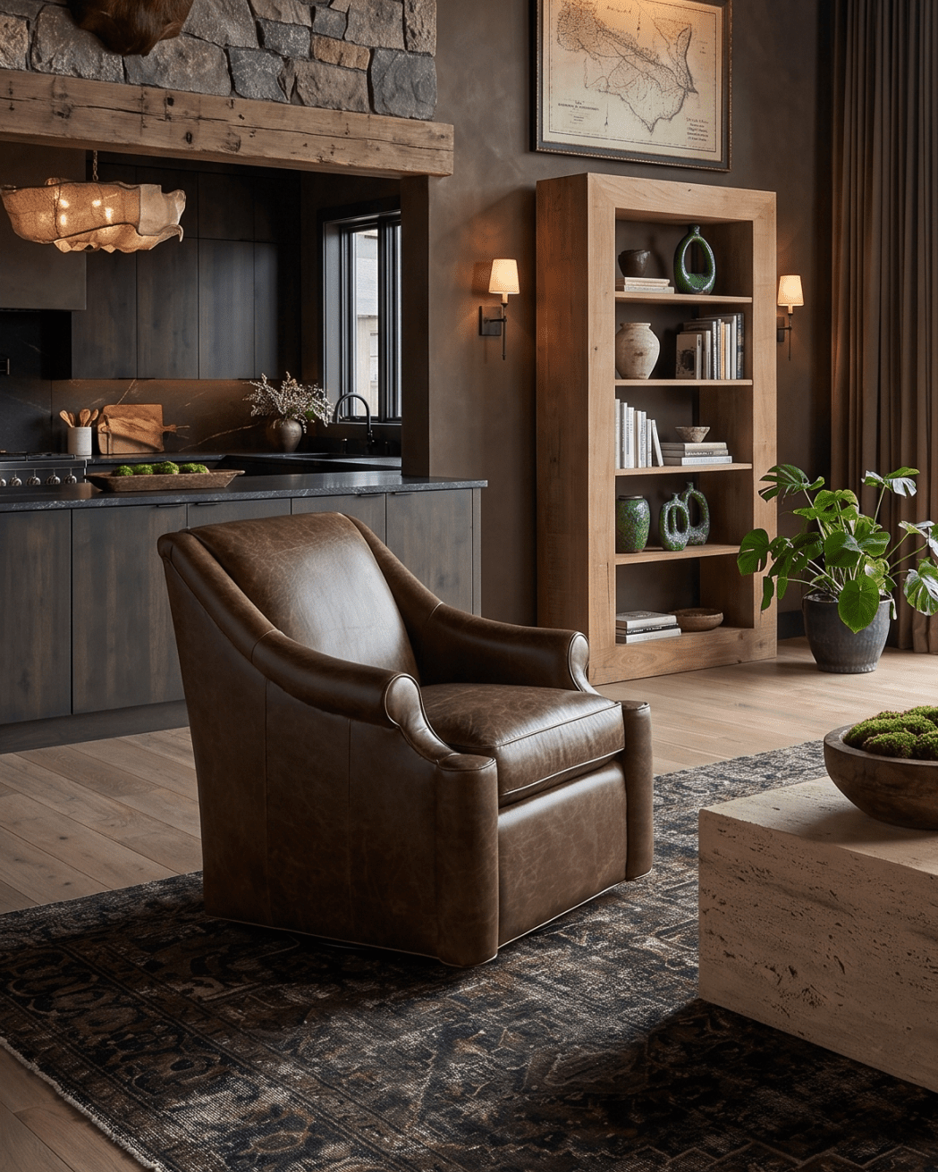 living room furniture modern mountain chair Hello Norden - Ellsworth Swivel Chair, styled in a modern rustic room. brown leather lounge chair swivel