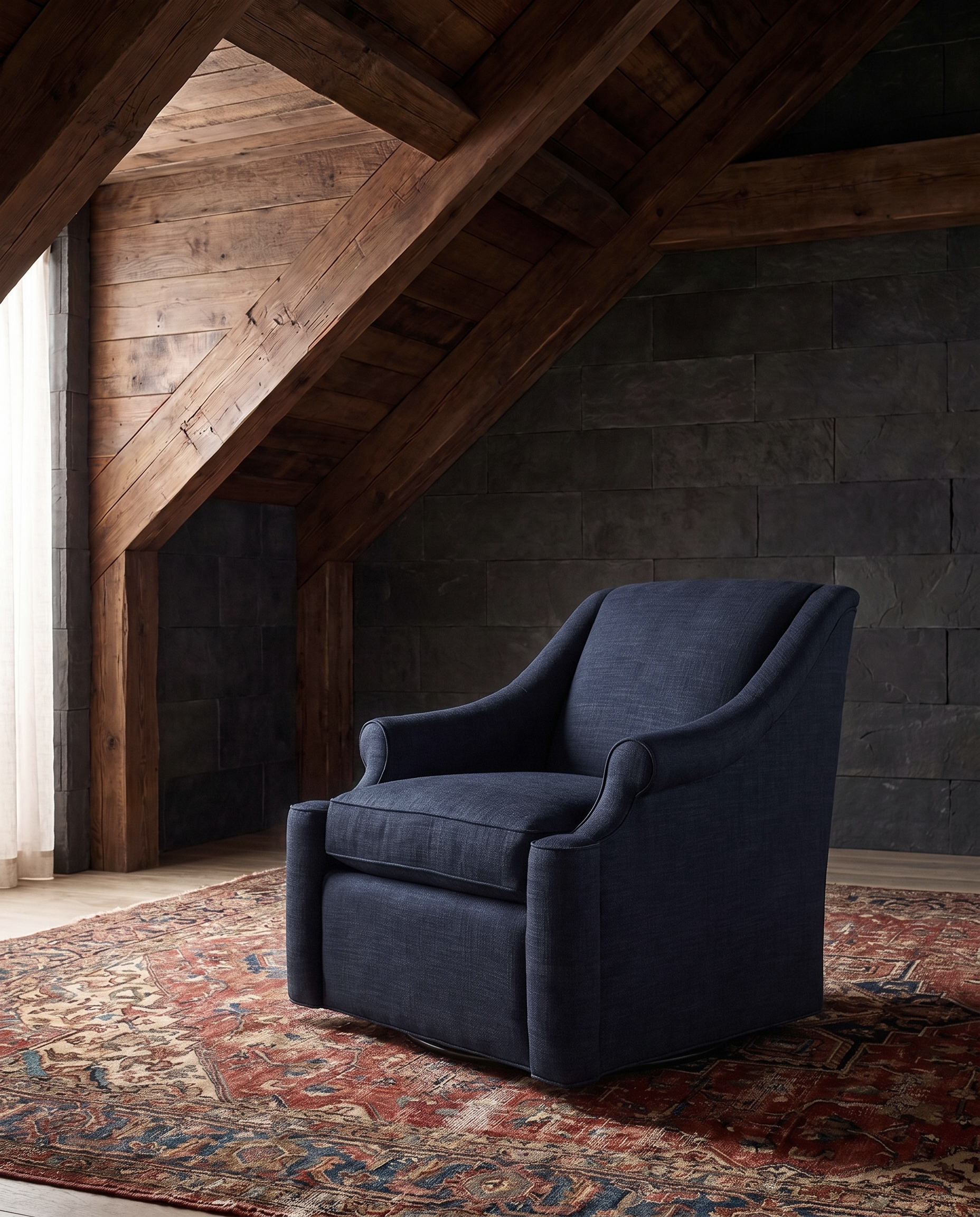 living room custom furniture modern mountain linen chair Hello Norden - Ellsworth Swivel Chair in Palmer Eco-Performance Linen in Indigo, shown in a rustic modern room