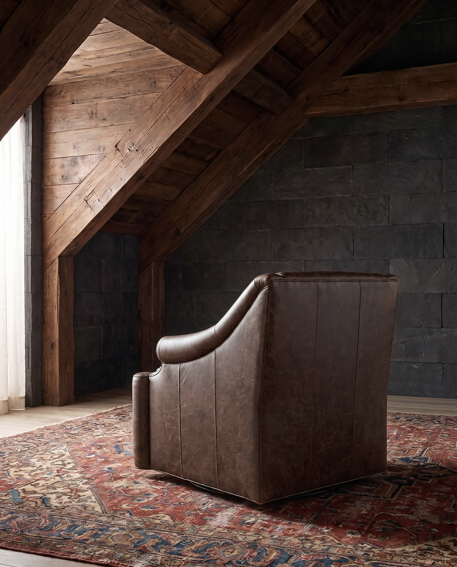 living room custom furniture modern mountain leather chair Hello Norden - Ellsworth Swivel Chair in St Croix Holm Sweet Holm leather, shown in a rustic modern room