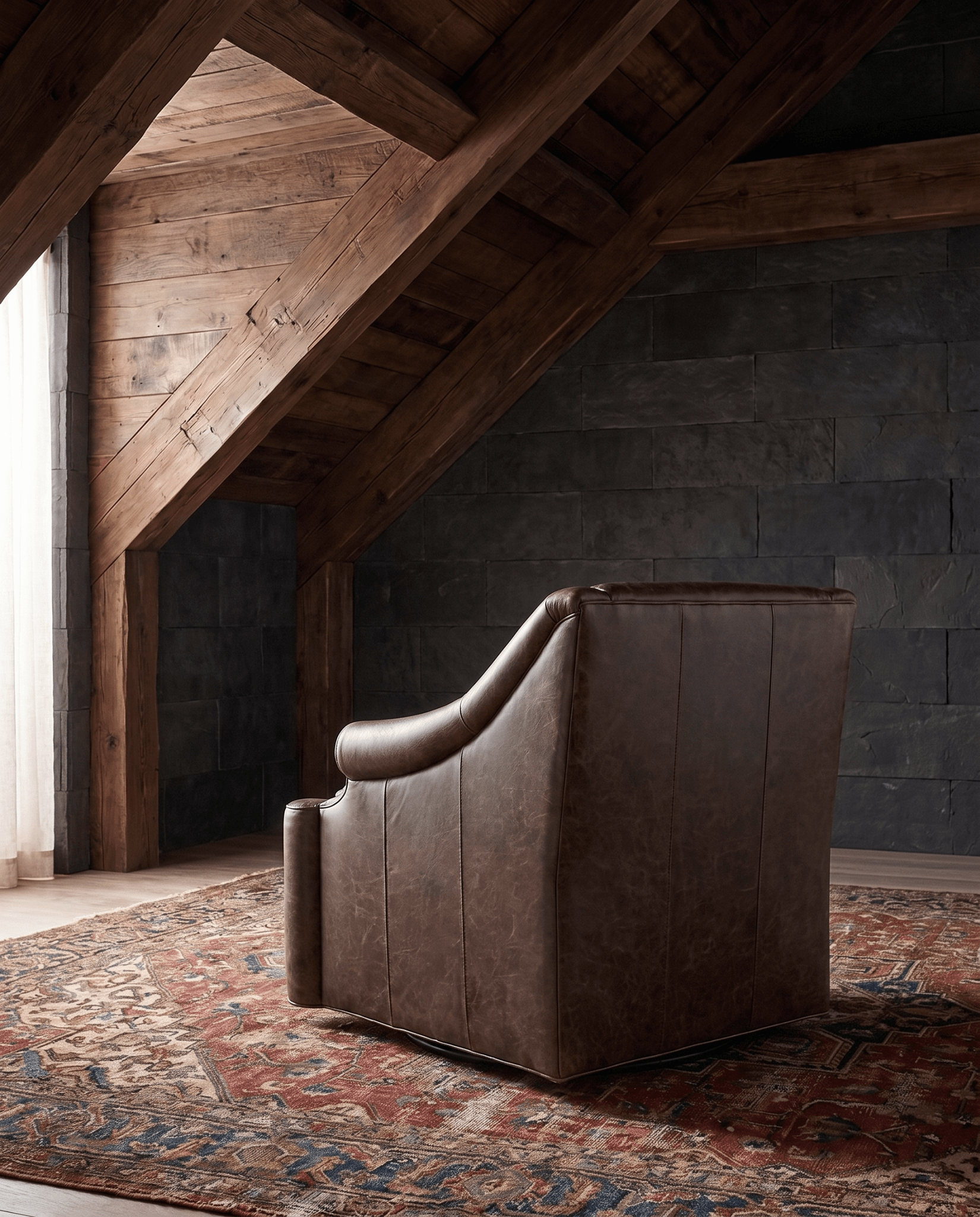 living room custom furniture modern mountain leather chair Hello Norden - Ellsworth Swivel Chair in St Croix Holm Sweet Holm leather, shown in a rustic modern room