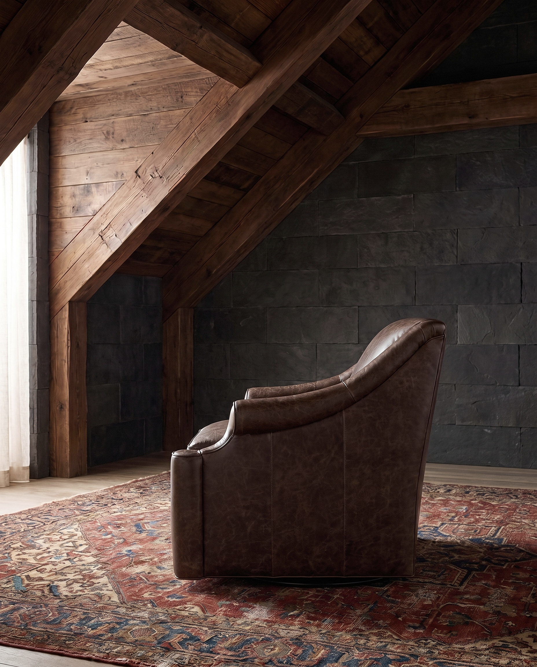 living room custom furniture modern mountain leather chair Hello Norden - Ellsworth Swivel Chair in St Croix Holm Sweet Holm leather, shown in a rustic modern room