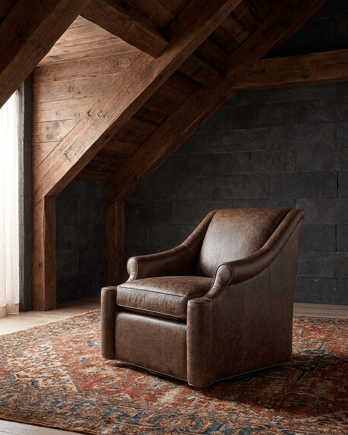 living room custom furniture modern mountain leather chair Hello Norden - Ellsworth Swivel Chair in St Croix Holm Sweet Holm leather, shown in a rustic modern room