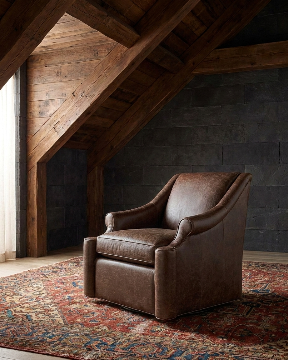 living room custom furniture modern mountain leather chair Hello Norden - Ellsworth Swivel Chair in St Croix Holm Sweet Holm leather, shown in a rustic modern room
