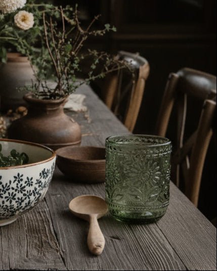 Embossed Drinking Glass - Green or Amber