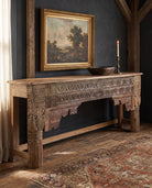 living room furniture modern mountain teak wood console Hello Norden - Filip Carving Console, styled in a modern rustic room