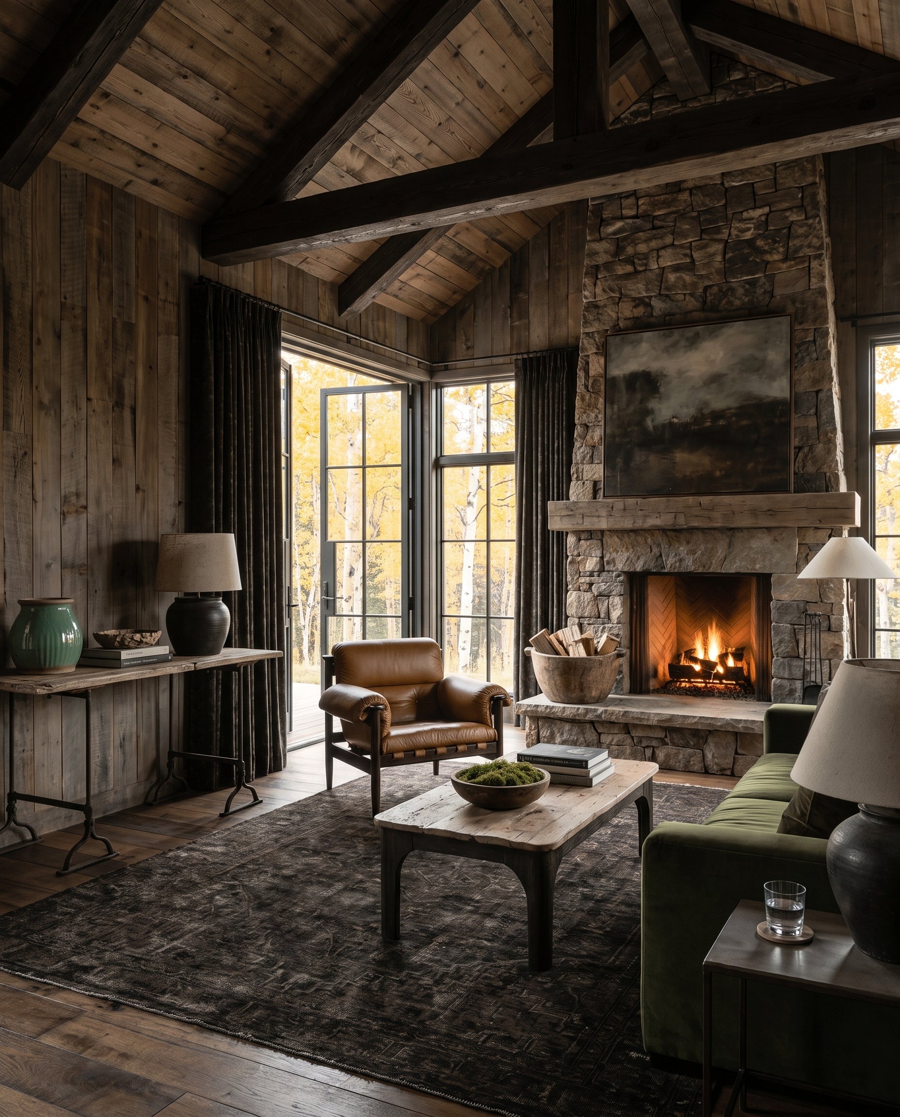 modern mountain Finn Rustic Wood Coffee Table Hello Norden, shown in a rustic modern room