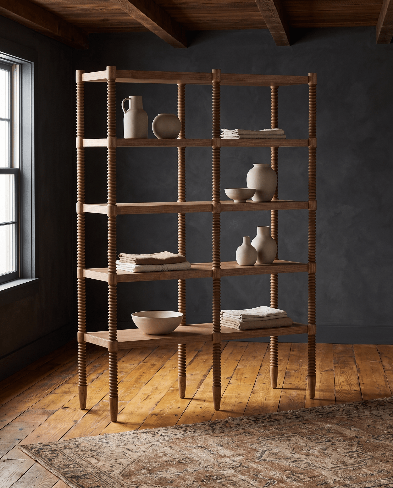 living room furniture modern mountain bookcase Hello Norden - Finnur Bookcase, styled in a modern rustic room