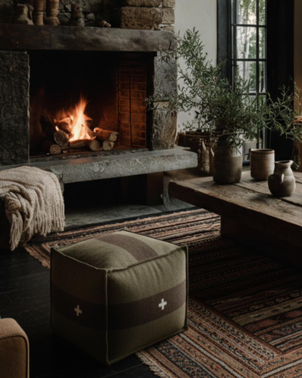 frey wool square large pouf army green with plus sign armby blanket olive living room Hello Norden