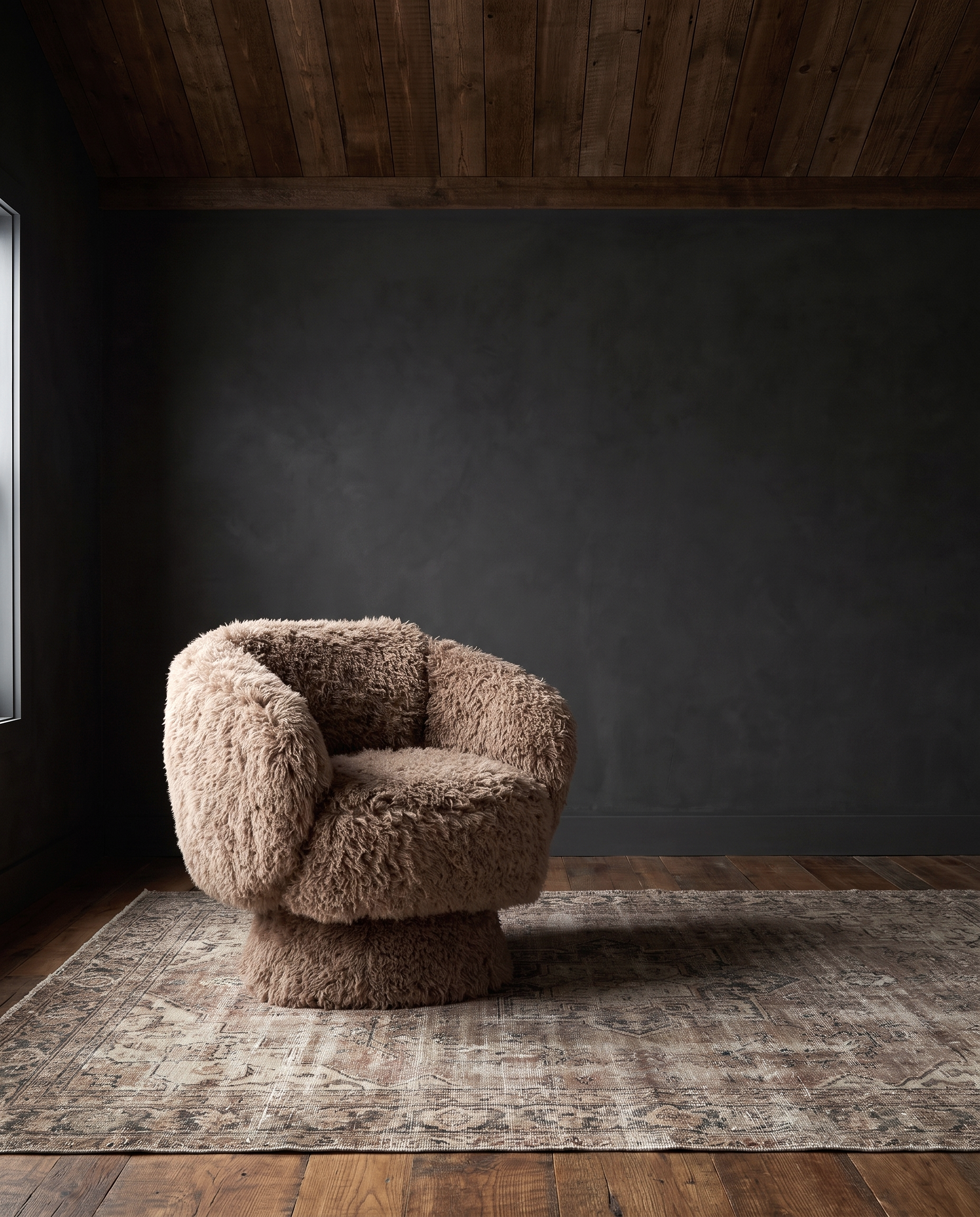 living room furniture modern mountain faux fur fabric lounge chair Hello Norden - Egil Swivel Chair, styled in a modern rustic room