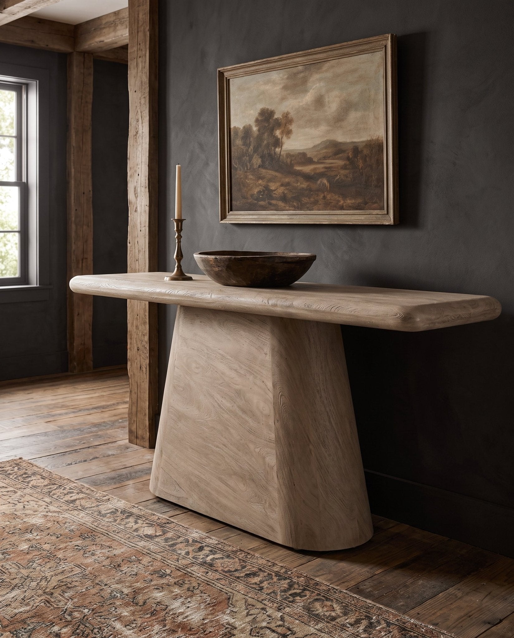 modern mountain Ambor Acacia Wood Console Table Hello Norden, shown in a rustic modern room