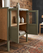 living room furniture modern mountain  small glass olive mint green cabinet Hello Norden - Gunnhild Cabinet, styled in a modern rustic room