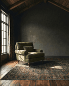 living room custom furniture modern mountain velvet chair Hello Norden - Halden Chair in Banks Olive - Velvet, shown in a rustic modern room