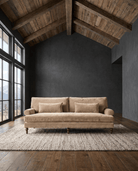 living room custom furniture modern mountain velvet sofa Hello Norden - Halden Sofa in Banks Velvet - Sand, shown in a rustic modern room