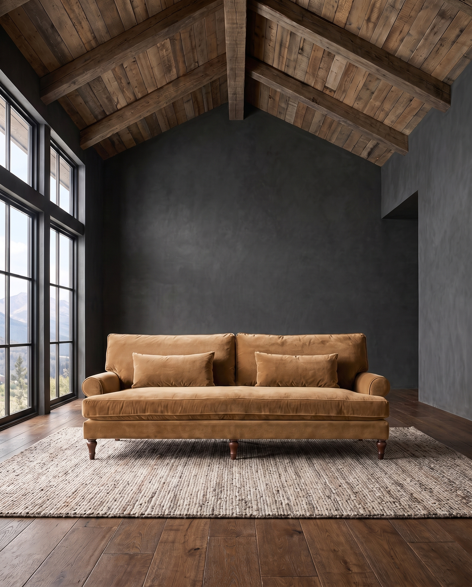 living room custom furniture modern mountain velvet sofa Hello Norden - Halden Sofa in Banks Velvet - Toffee, shown in a rustic modern room