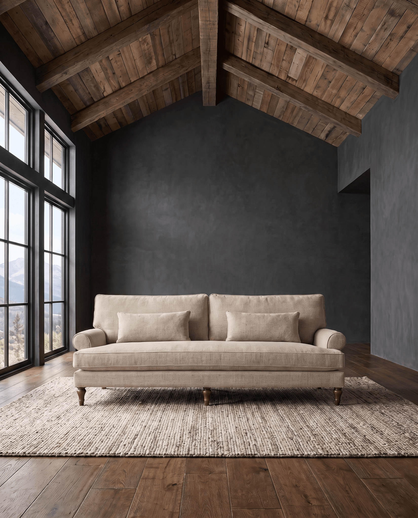living room custom furniture modern mountain linen sofa Hello Norden, Halden Sofa in Eco-Performance Linen in Oatmeal, shown in a rustic modern room