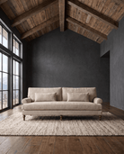 living room custom furniture modern mountain linen sofa Hello Norden, Halden Sofa in Eco-Performance Linen in Oatmeal, shown in a rustic modern room