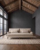 living room custom furniture modern mountain linen sofa Hello Norden - Halden Sofa in Palmer Driftwood, shown in a rustic modern room