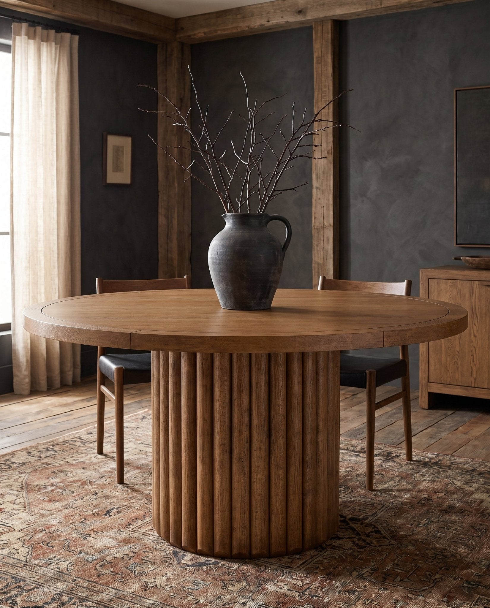 dining room furniture modern mountain rubber wood and oak veneer dining table Hello Norden - Haldis Round Dining Table, styled in a modern rustic room