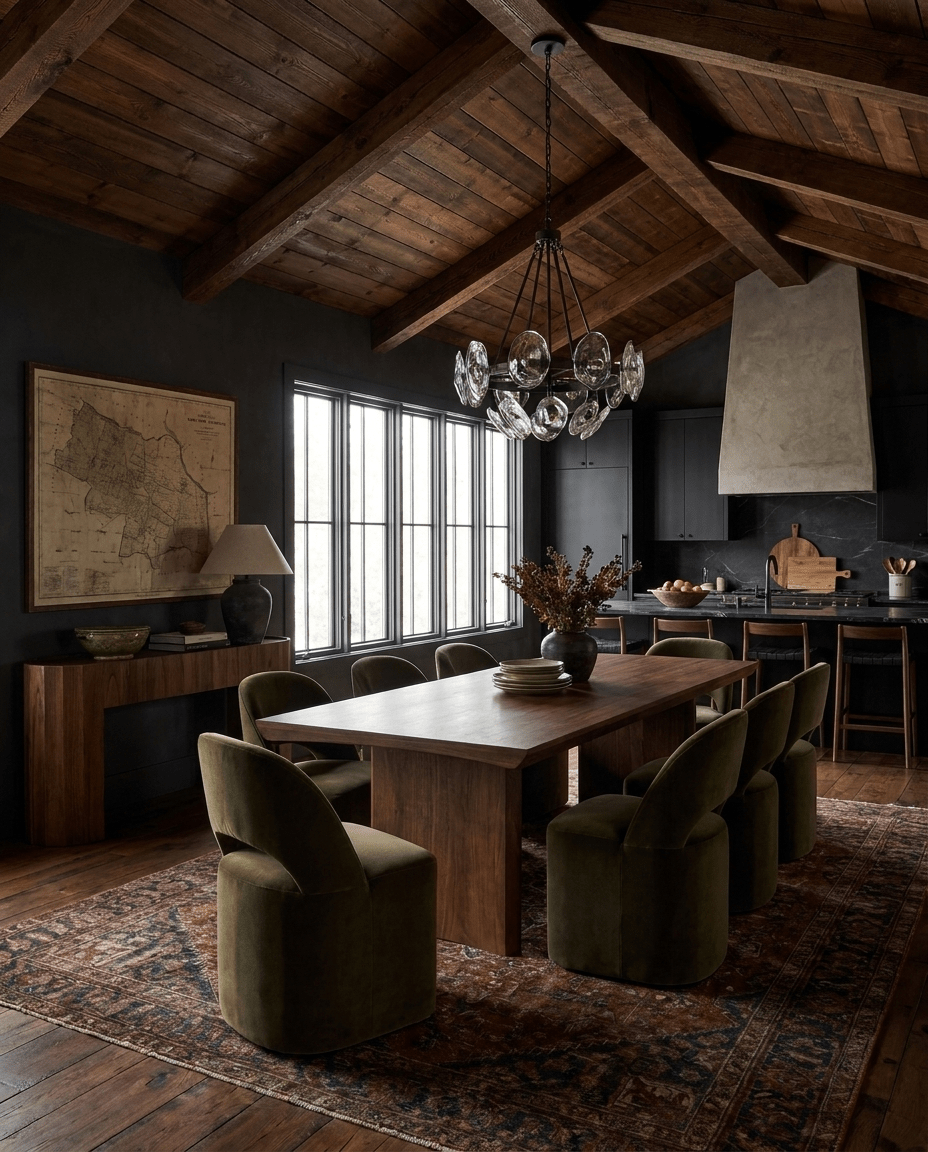 modern mountain Halvard Dining Table Hello Norden, shown in a rustic modern room
