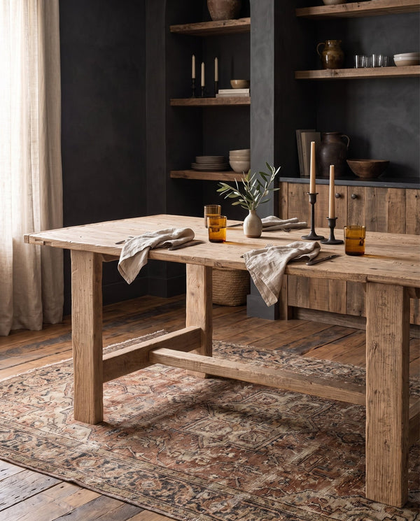 dining room furniture modern mountain  dining table Hello Norden - Halvor Kitchen Table, styled in a modern rustic room reclaimed wood furniture