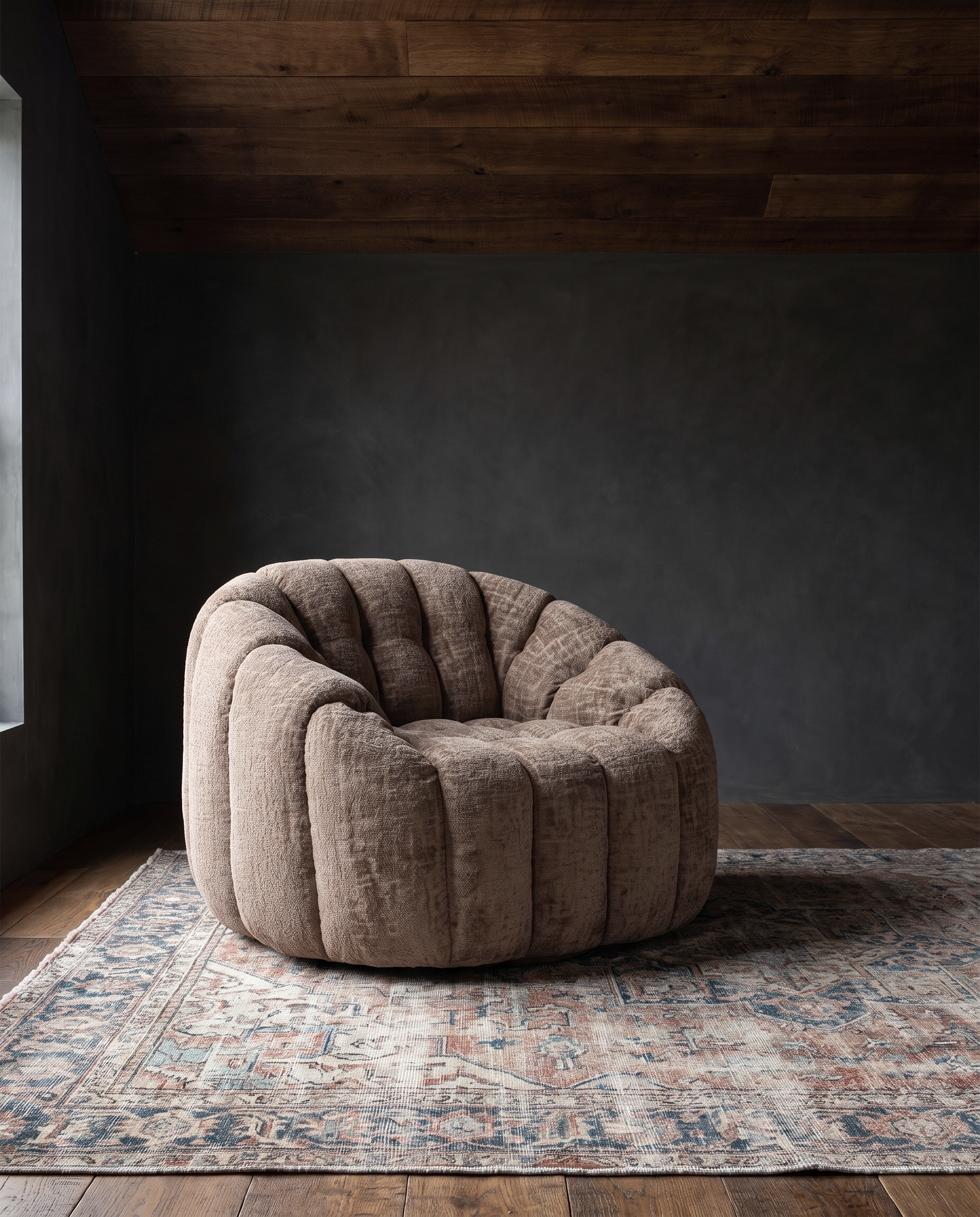 living room furniture modern mountain chenile fabric swivel chair Hello Norden - Herman Swivel Chair, styled in a modern rustic room