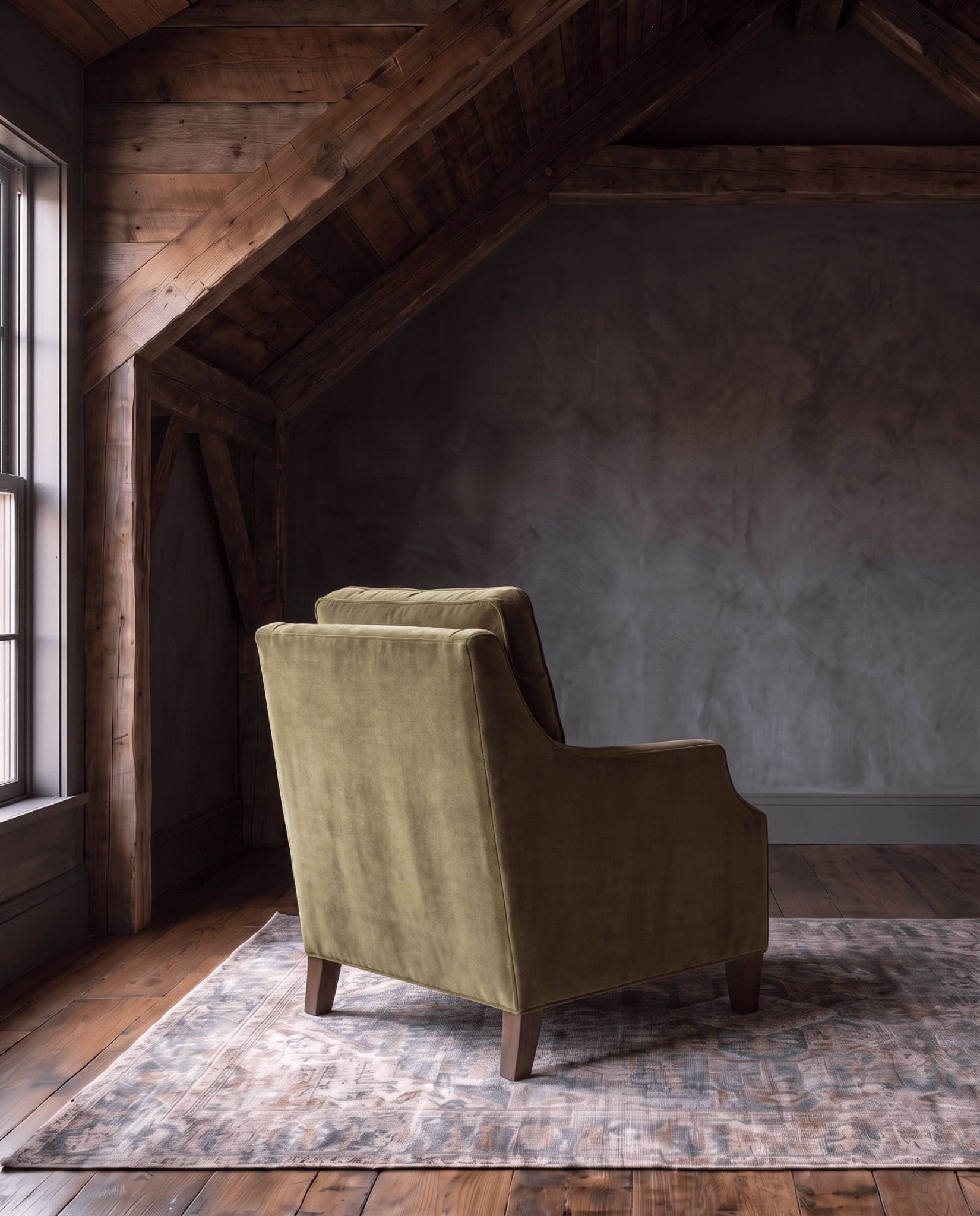 living room custom furniture modern mountain velvet chair Hello Norden - Hunter Chair in Banks Eco-Performance Velvet in Olive, shown in a rustic modern room