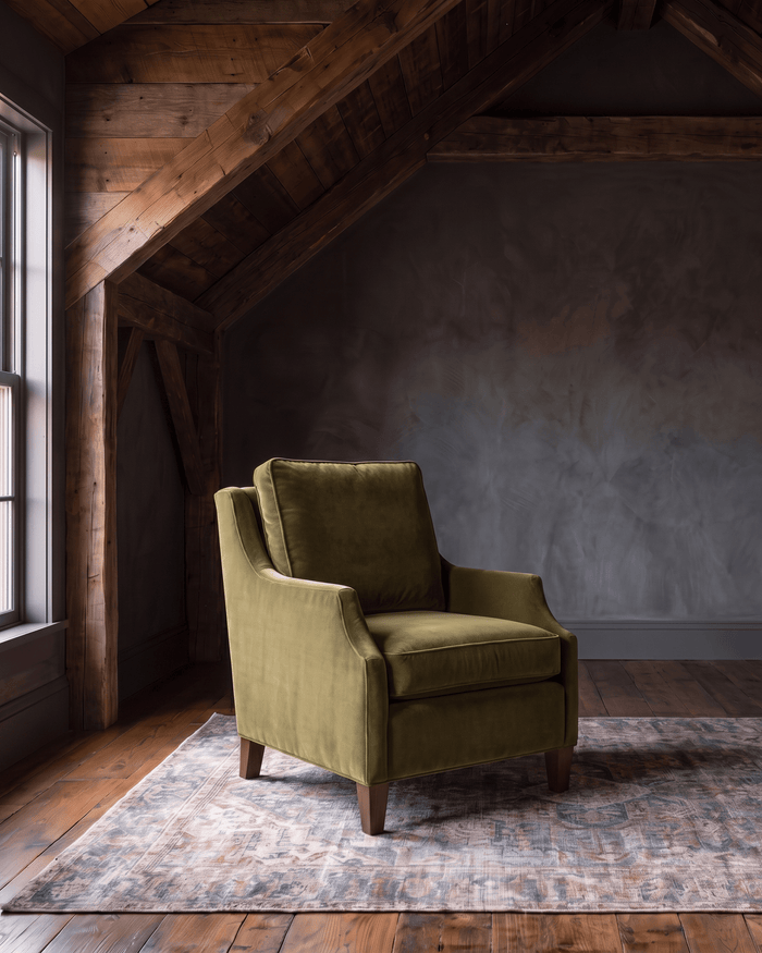 living room custom furniture modern mountain velvet chair Hello Norden - Hunter Chair in Banks Eco-Performance Velvet in Olive, shown in a rustic modern room