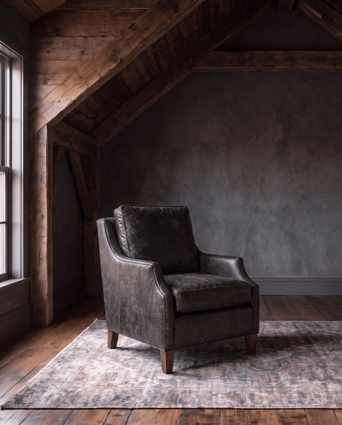 living room custom furniture modern mountain leather chair Hello Norden - Hunter Chair in Run Wyld Ruins leather, shown in a rustic modern room