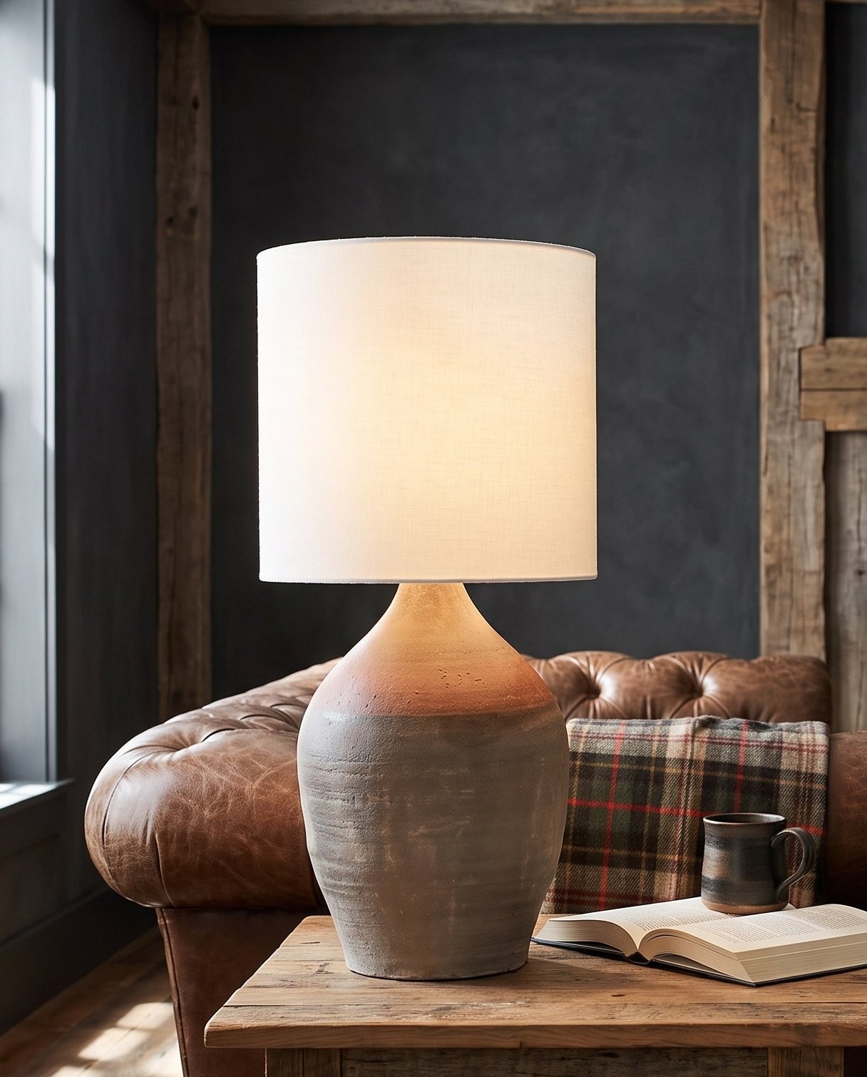 living room furniture modern mountain  table lamp Hello Norden - Ingjald Rice Wine Bottle Lamp, styled in a modern rustic room