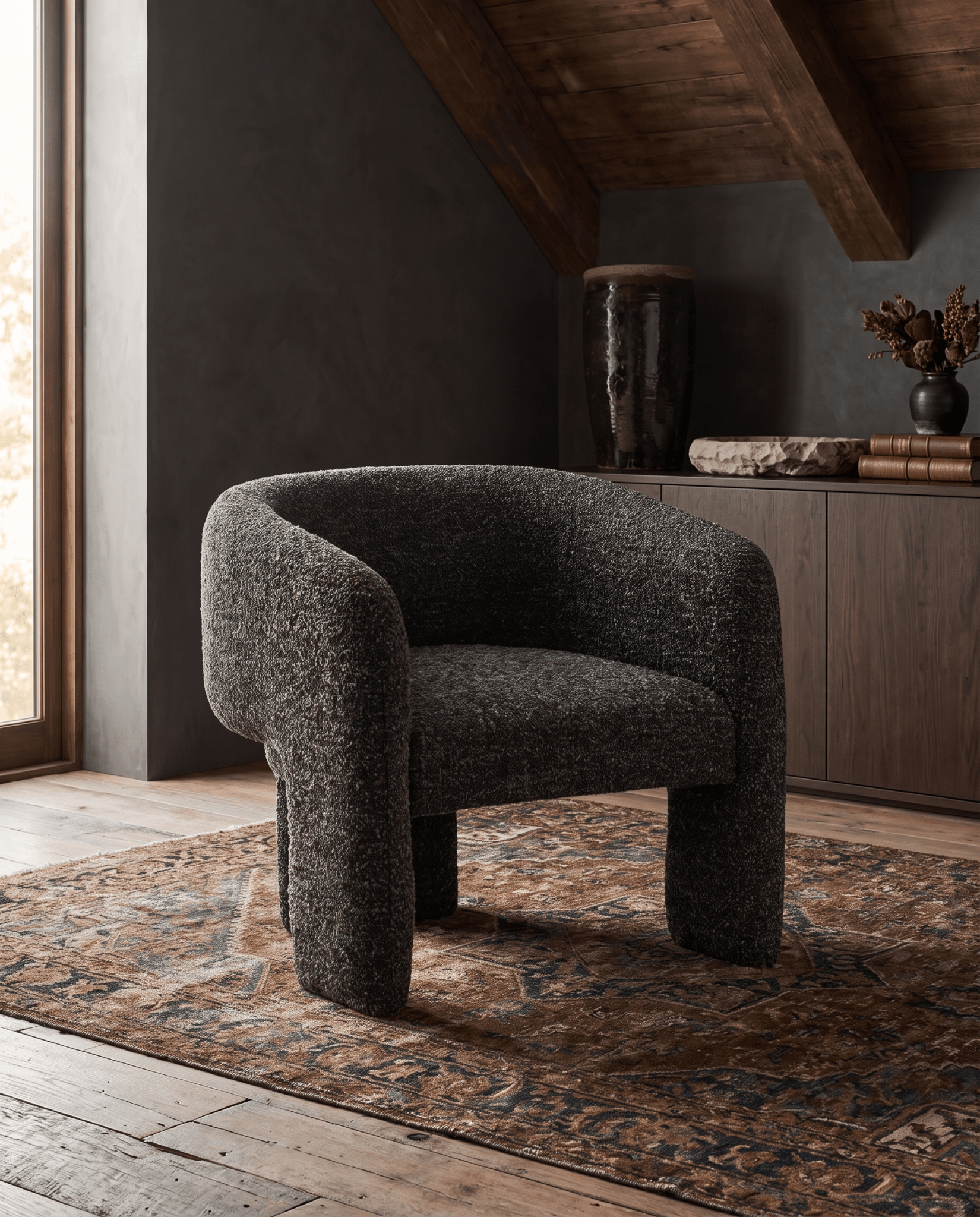 living room furniture modern mountain chair Hello Norden - Ivy Chair, styled in a modern rustic room