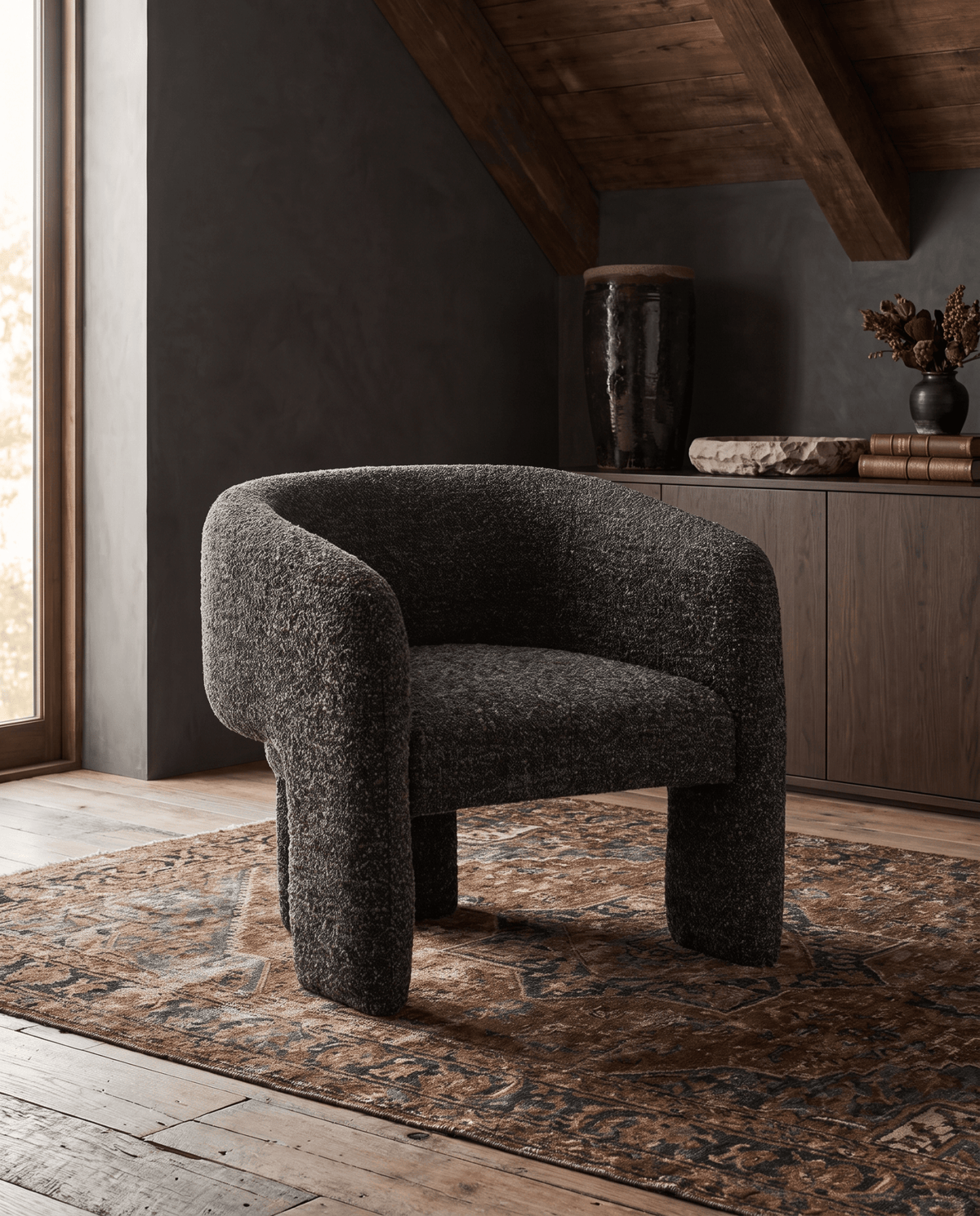 living room furniture modern mountain chair Hello Norden - Ivy Chair, styled in a modern rustic room