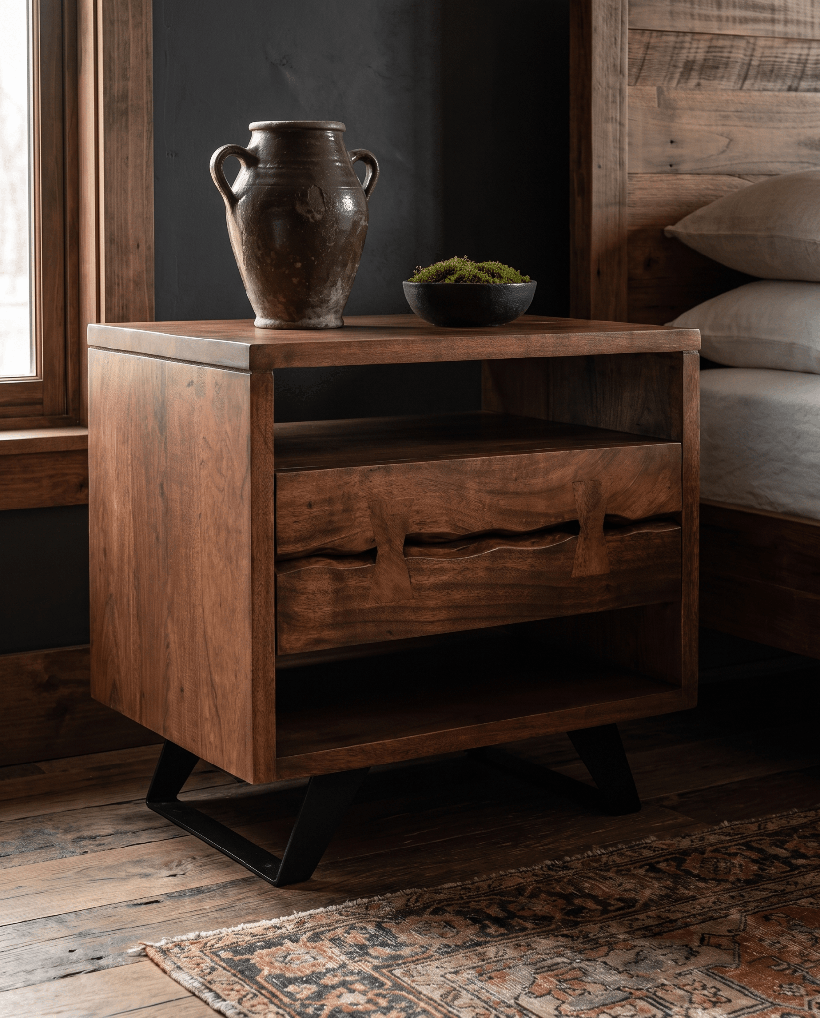 bedroom furniture modern mountain nightstand Hello Norden - Jon Nightstand, styled in a modern rustic room