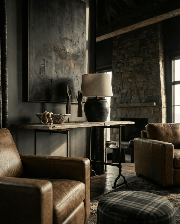 antique pot table lamp extra large large size linen shade modern mountain living room vintage decor reclaimed wood console iron base table