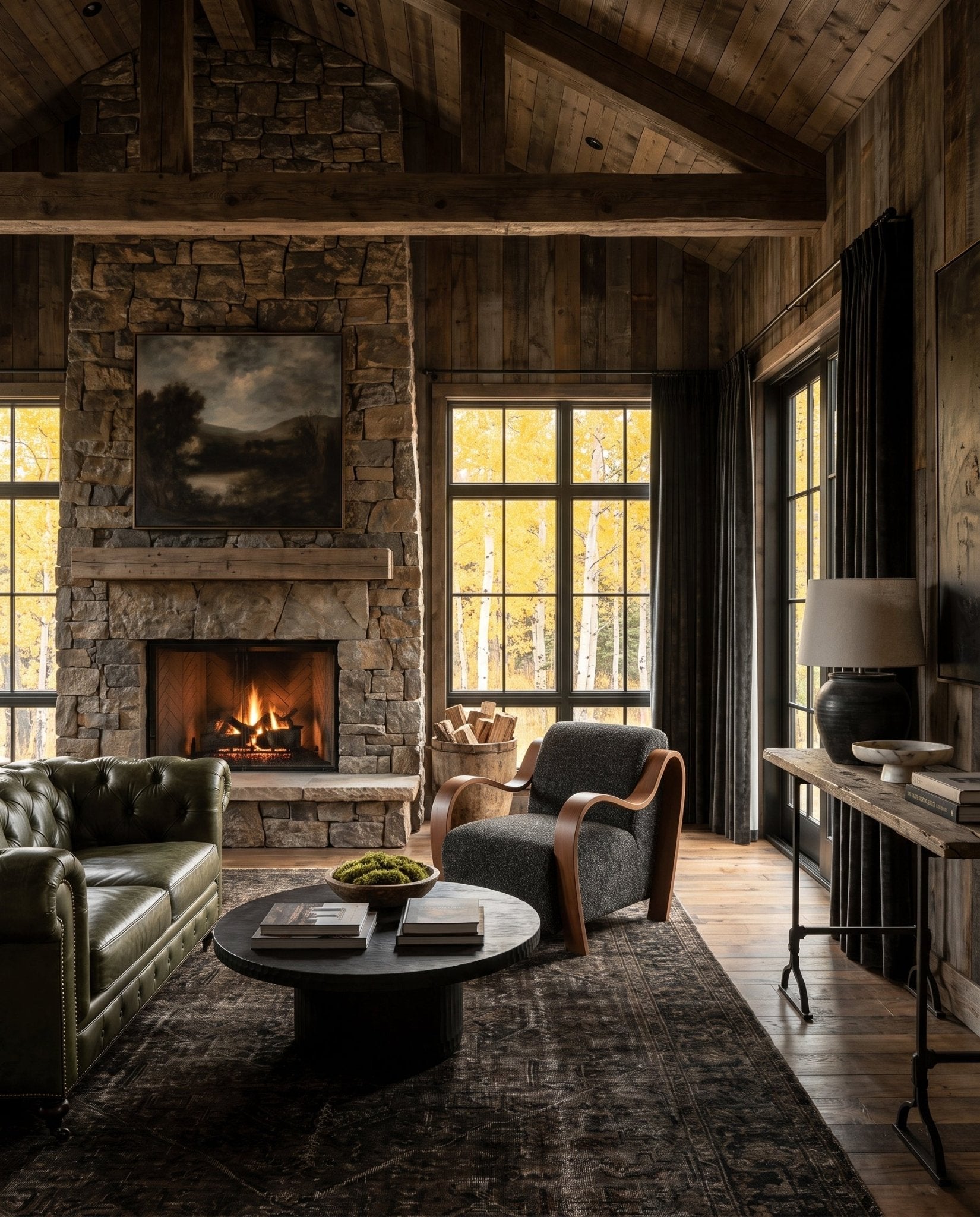 modern mountain Jona Reclaimed Console Table Hello Norden, shown in a rustic modern room