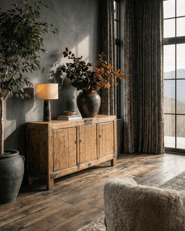 reclaimed wood vintage console cabinet sideboard living room furniture modern mountain farmhouse Hello Norden Junia