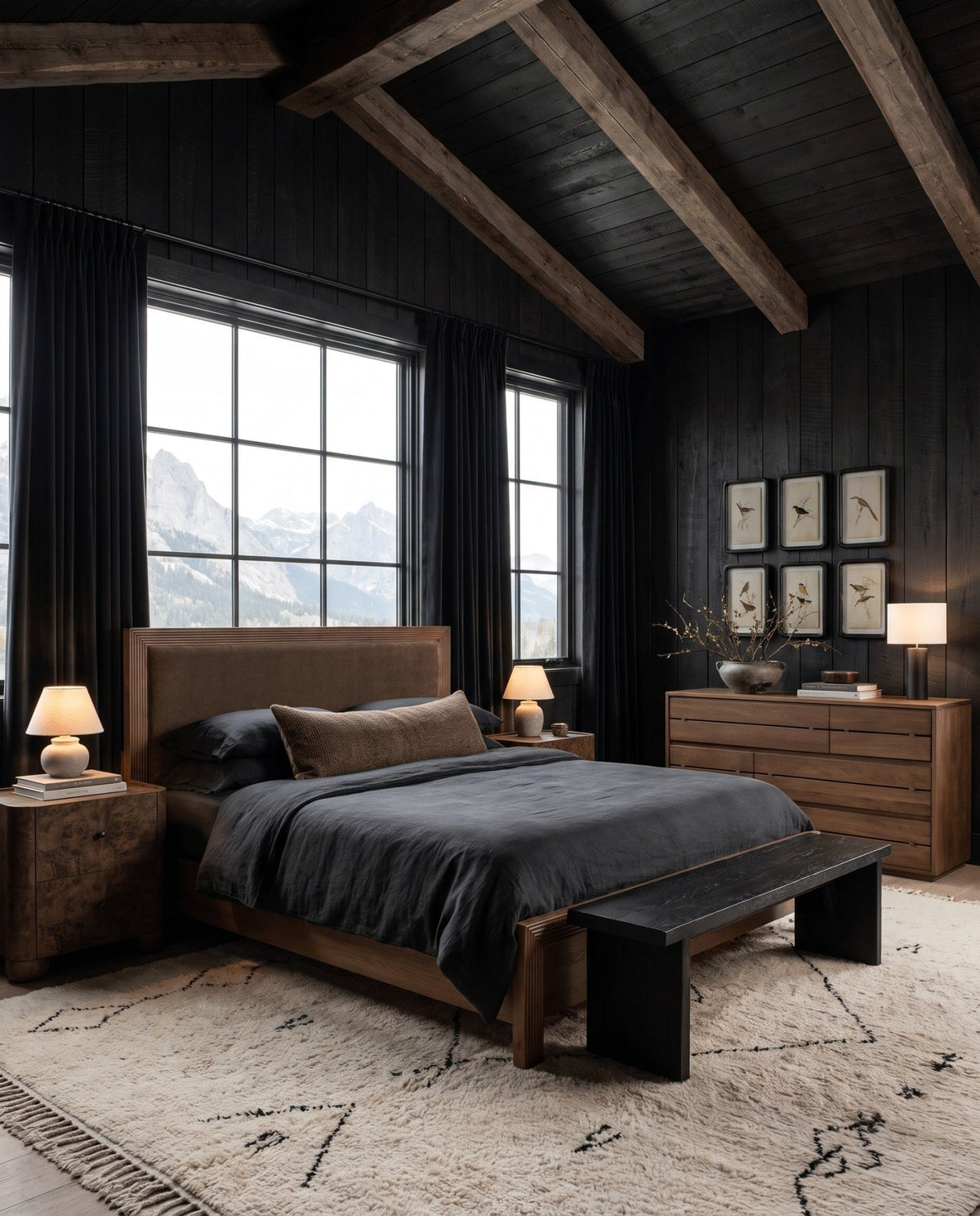 Kare Bed Hello Norden in a modern mountain bedroom with dark wood walls and beams
