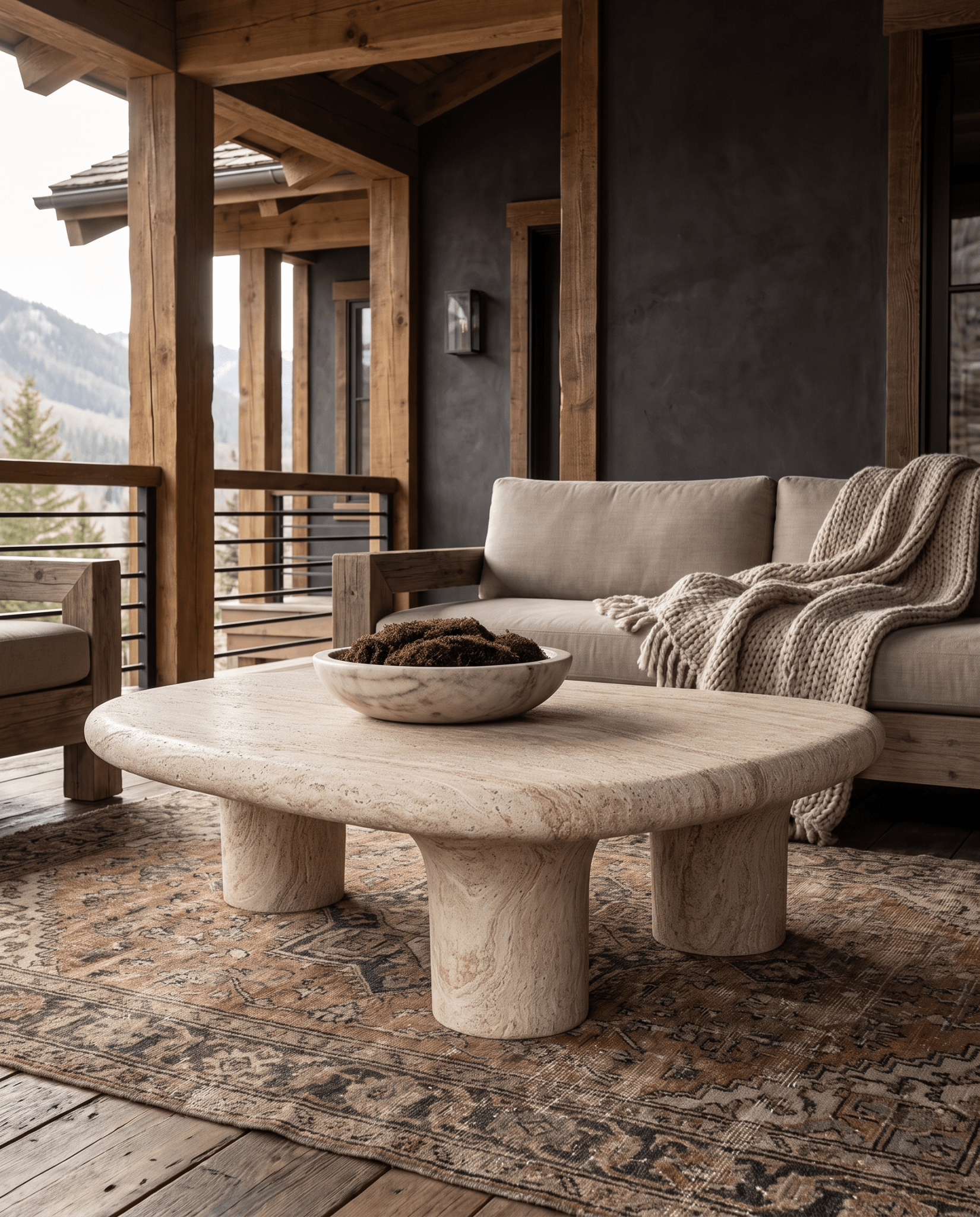 living room furniture modern mountain coffee table Hello Norden - Karin Outdoor Coffee Table, styled in a modern rustic room