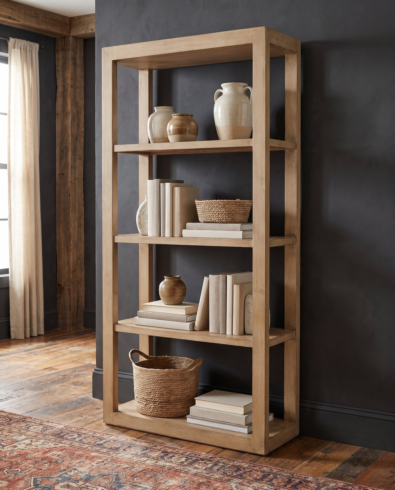 living room furniture modern mountain reclaimed pine wood bookcase Hello Norden - Kolbein Bookcase, styled in a modern rustic room
