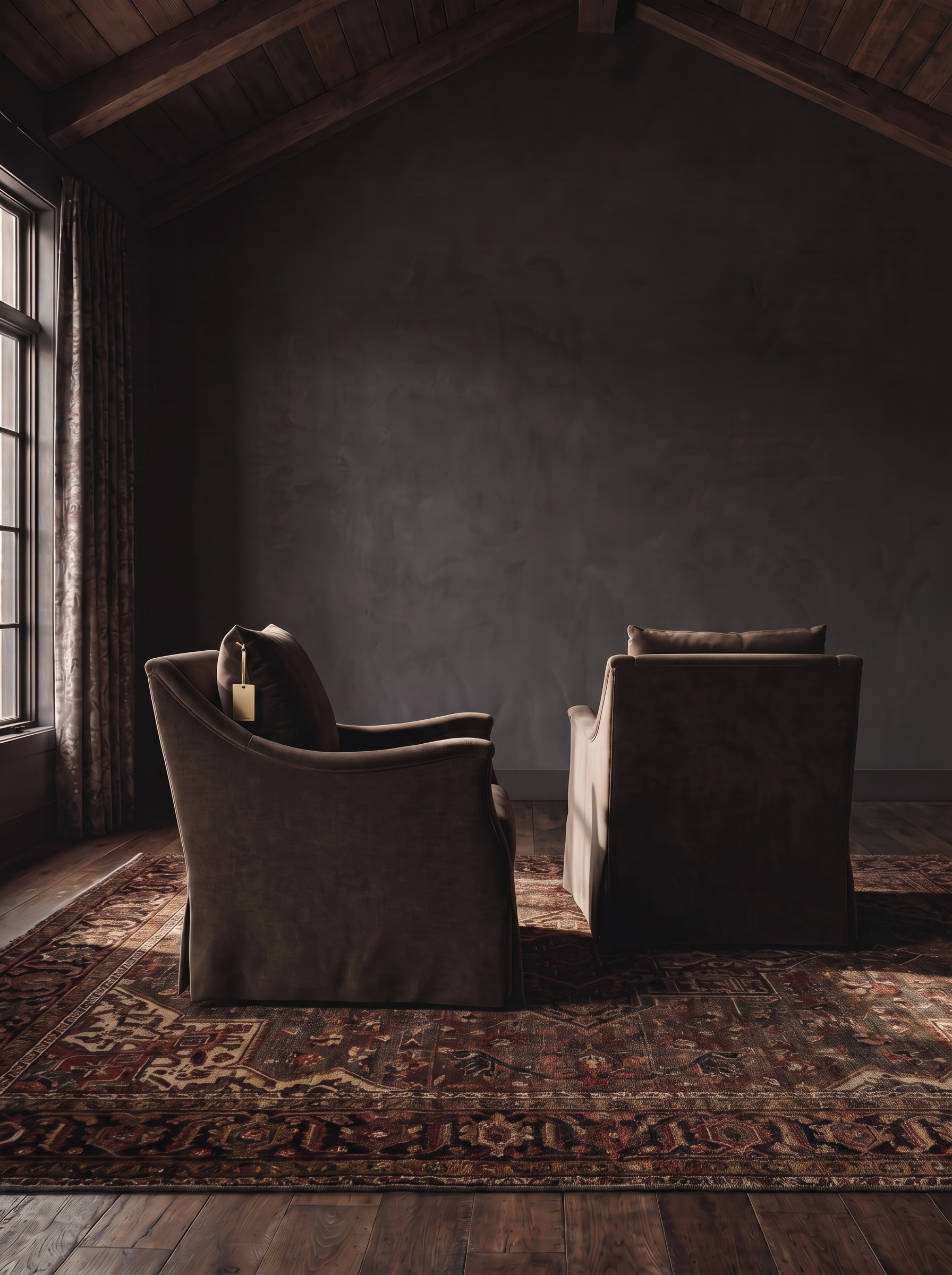 living room custom furniture modern mountain velvet chair Hello Norden - Kristofer Chair (swivel or stationary) in Banks Eco-Performance Velvet in Mink, shown in a rustic modern room