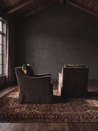 living room custom furniture modern mountain velvet chair Hello Norden - Kristofer Chair (swivel or stationary) in Banks Eco-Performance Velvet in Mink, shown in a rustic modern room
