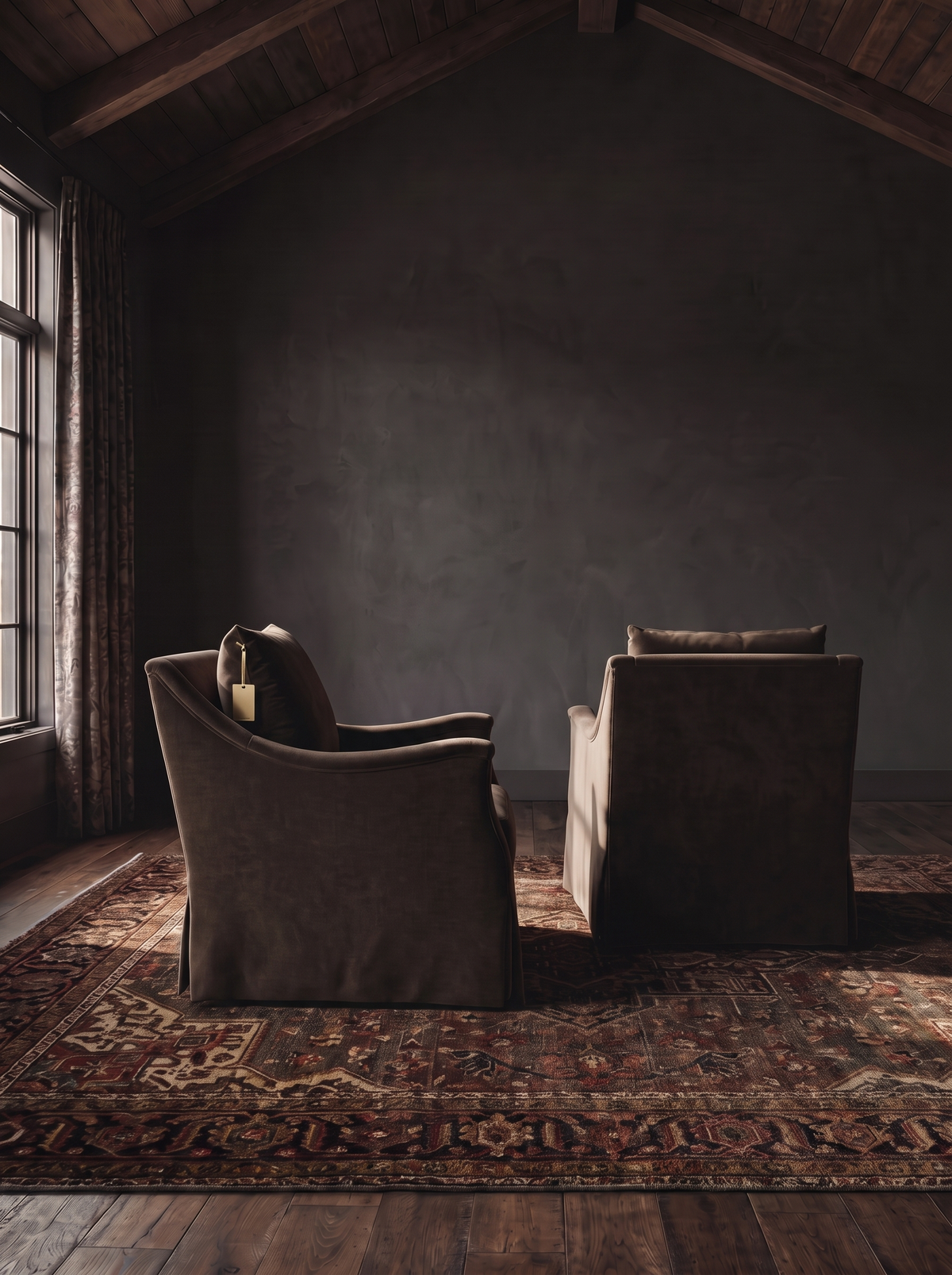 living room custom furniture modern mountain velvet chair Hello Norden - Kristofer Chair (swivel or stationary) in Banks Eco-Performance Velvet in Mink, shown in a rustic modern room