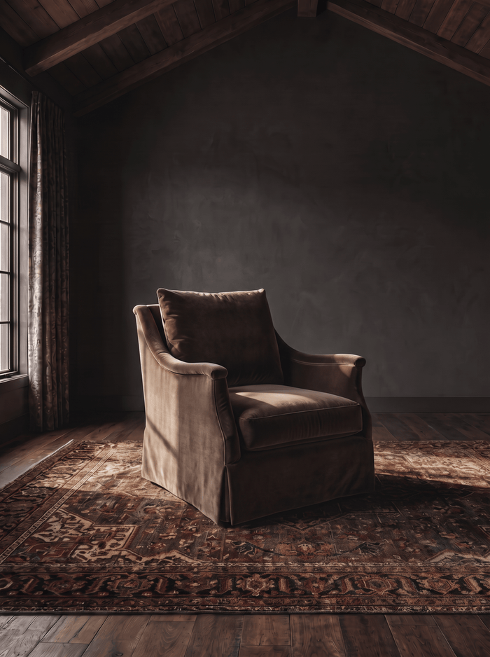 living room custom furniture modern mountain velvet chair Hello Norden - Kristofer Chair (swivel or stationary) in Banks Eco-Performance Velvet in Mink, shown in a rustic modern room