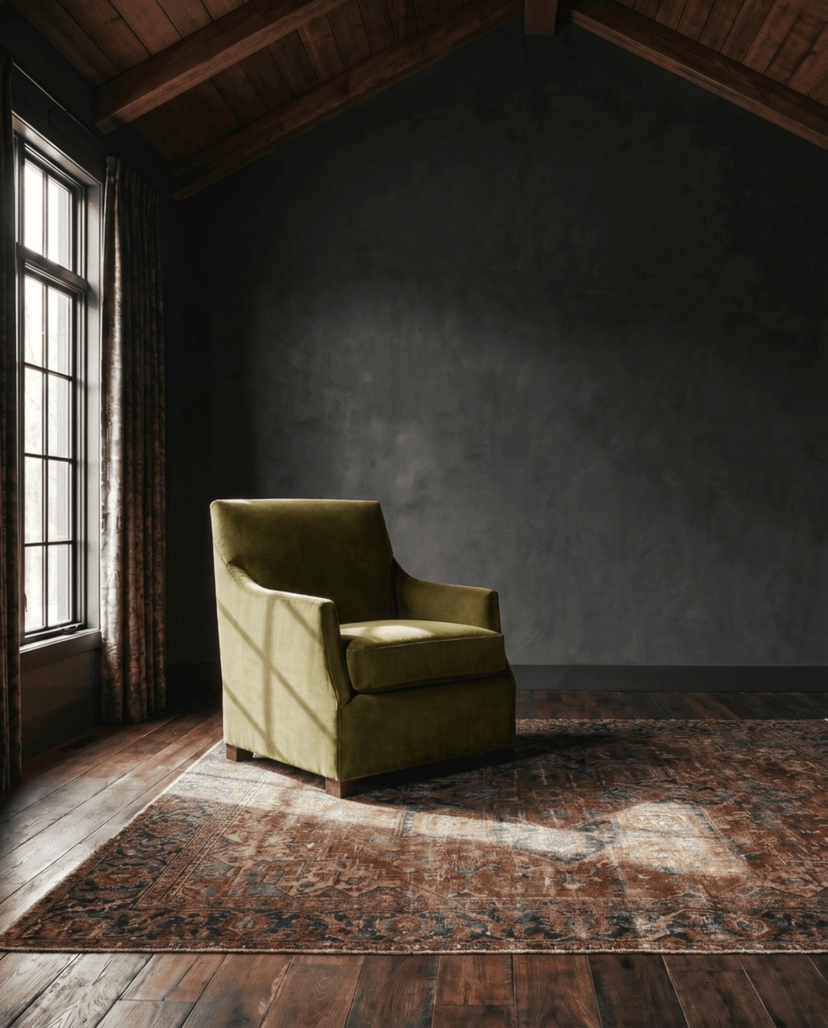 living room custom furniture modern mountain velvet chair Hello Norden - Letty Lounge Chair in Banks Velvet - Olive, shown in a rustic modern room