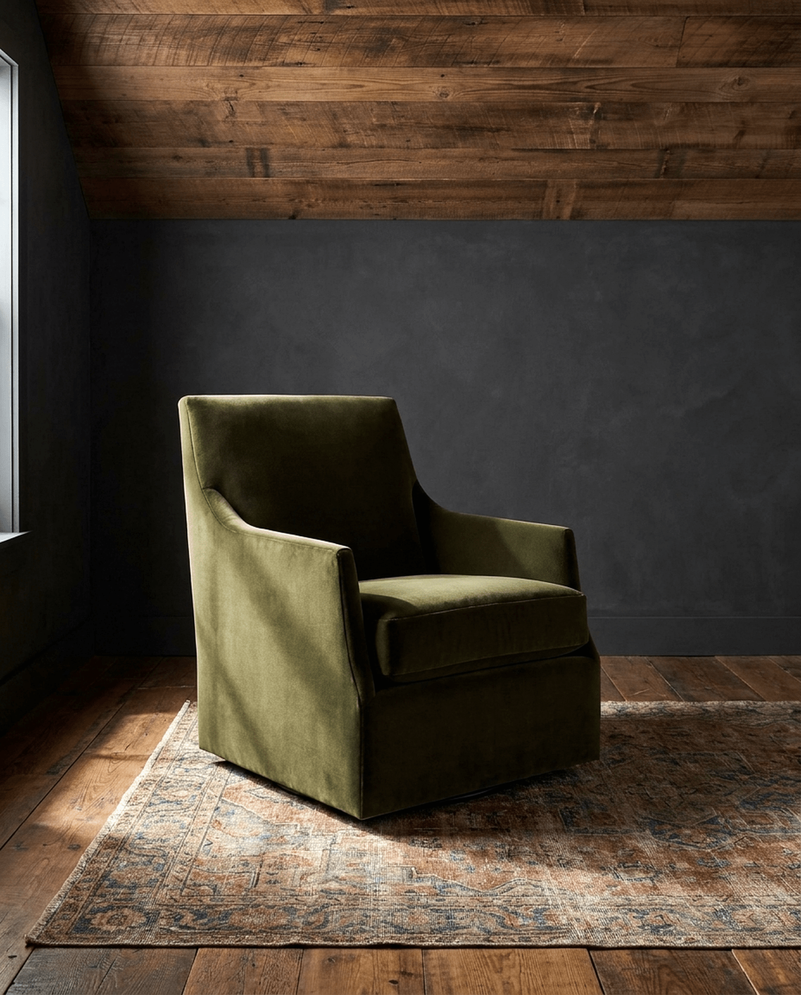 modern mountain Letty Swivel Lounge Chair Hello Norden, shown in a rustic modern room
