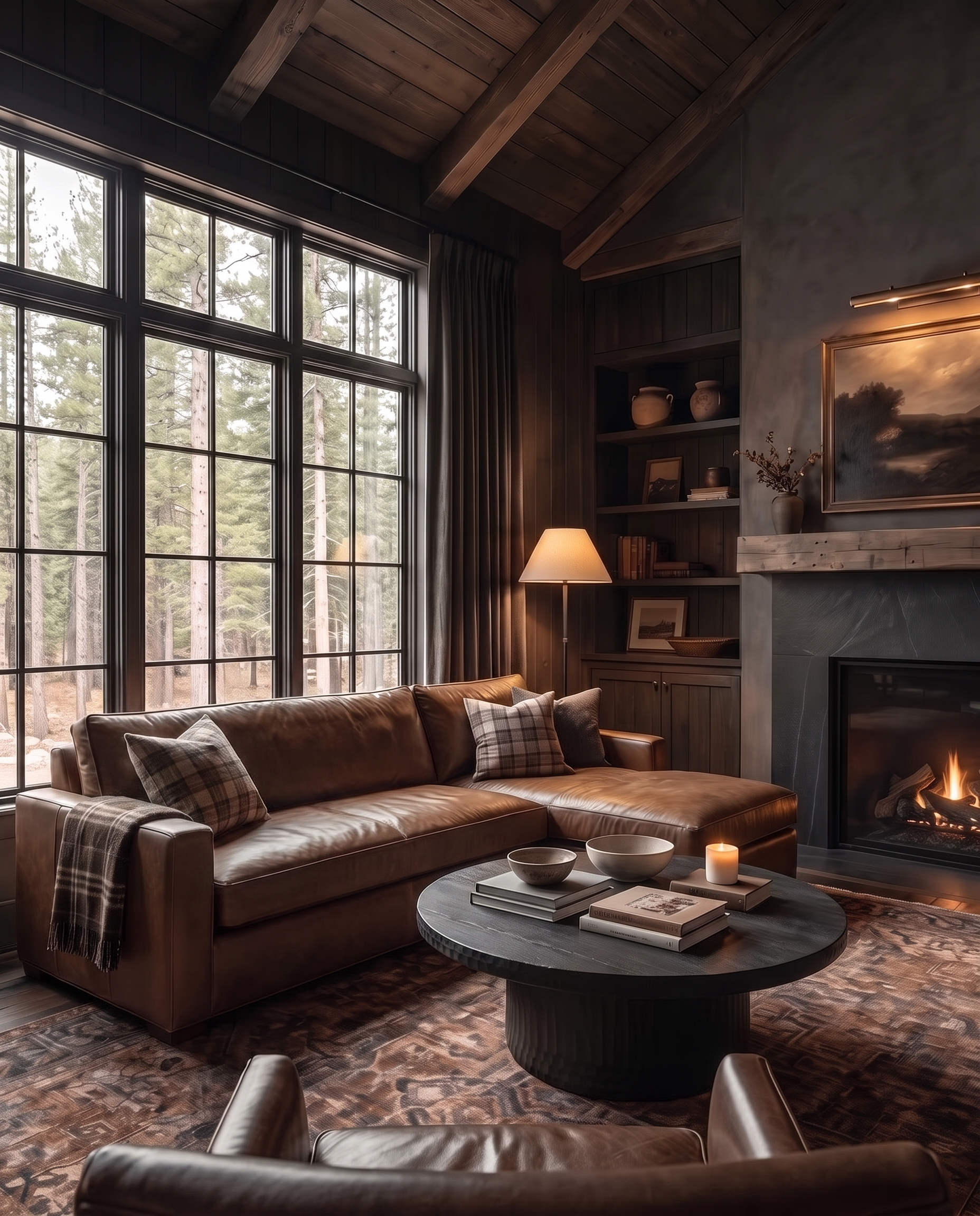 living room custom furniture modern mountain leather sectional Hello Norden - Wilhelm Sectional with Chaise (92-116" | multiple sizes) in St Croix Holm Sweet Holm leather, shown in a rustic modern room — 92"
