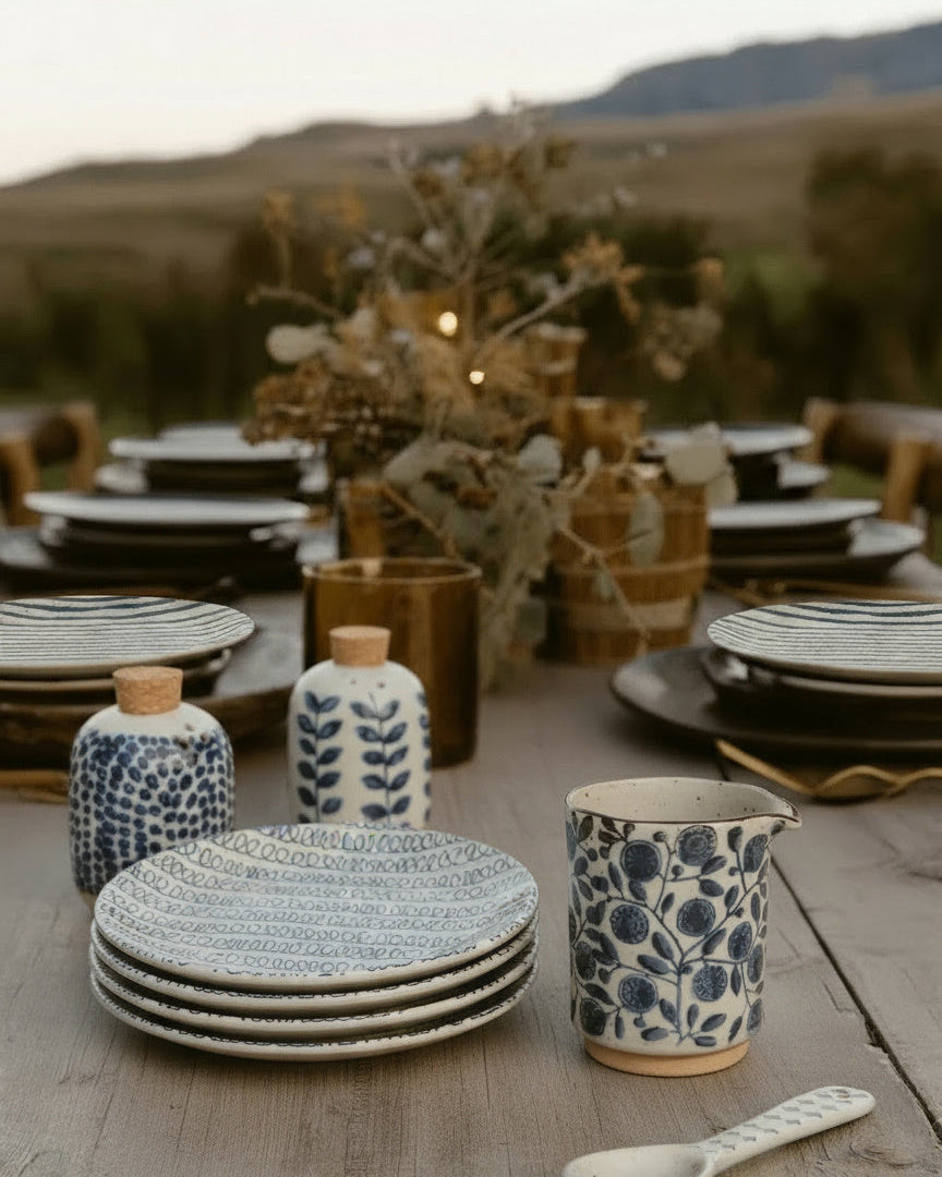 lilje speckled pottery dinnerware appetizer plate and creamer Hello Norden