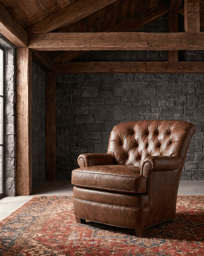 living room custom furniture modern mountain leather chair Hello Norden - Astrid Lounge Chair in St Croix Holm Sweet Holm leather, shown in a rustic modern room