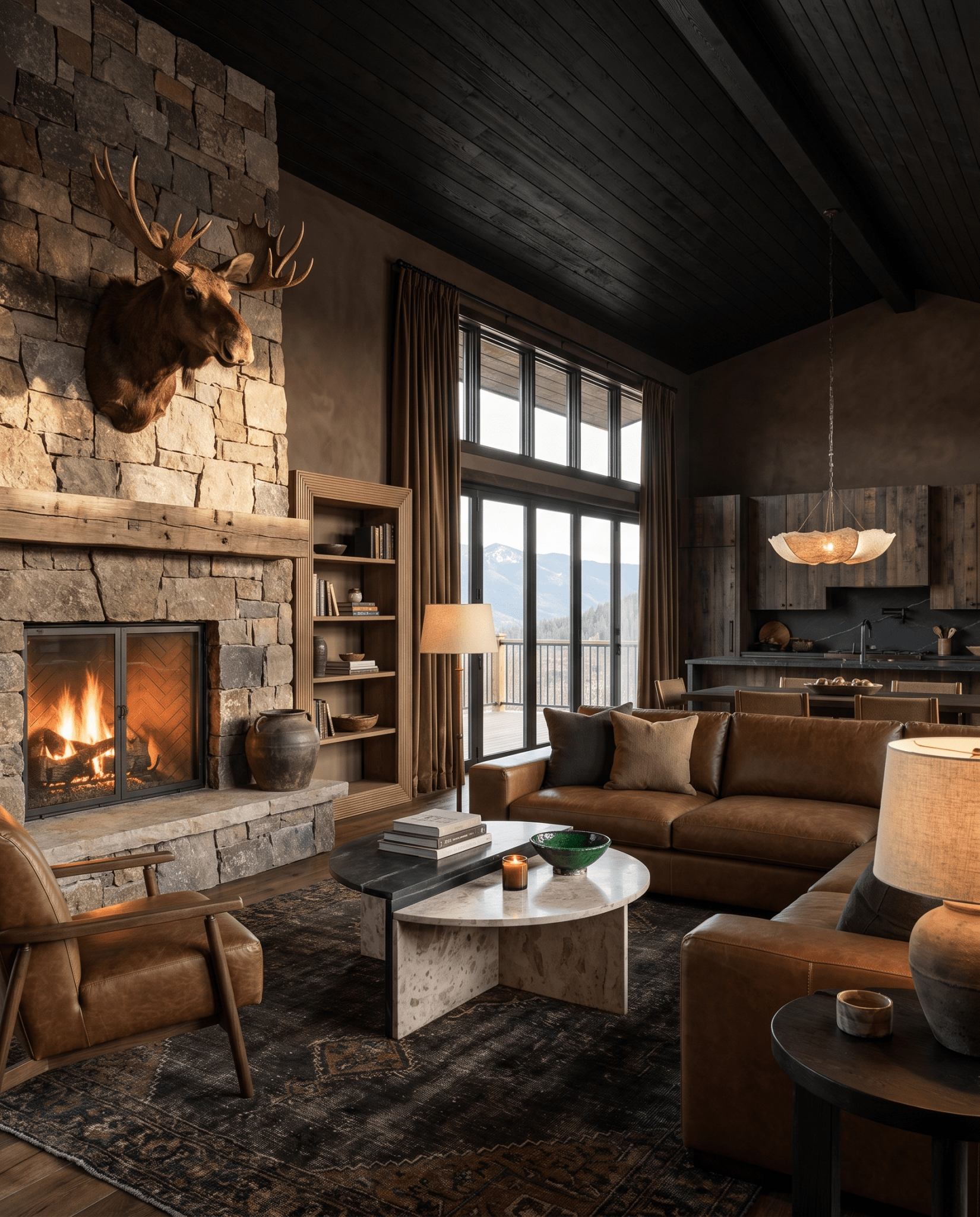 living room furniture modern mountain coffee table Hello Norden - Luna Marble Coffee Table, styled in a modern rustic room
