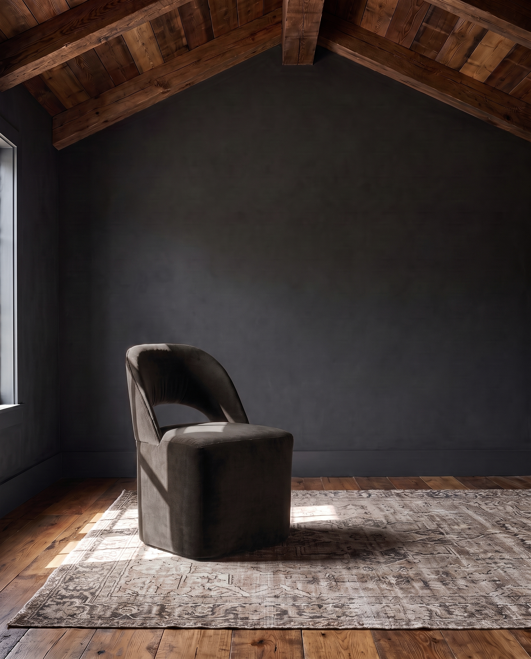 dining room custom furniture modern mountain velvet dining chair Hello Norden - Lynx Dining Chair in Banks Eco-Performance Velvet in Mink, shown in a rustic modern room
