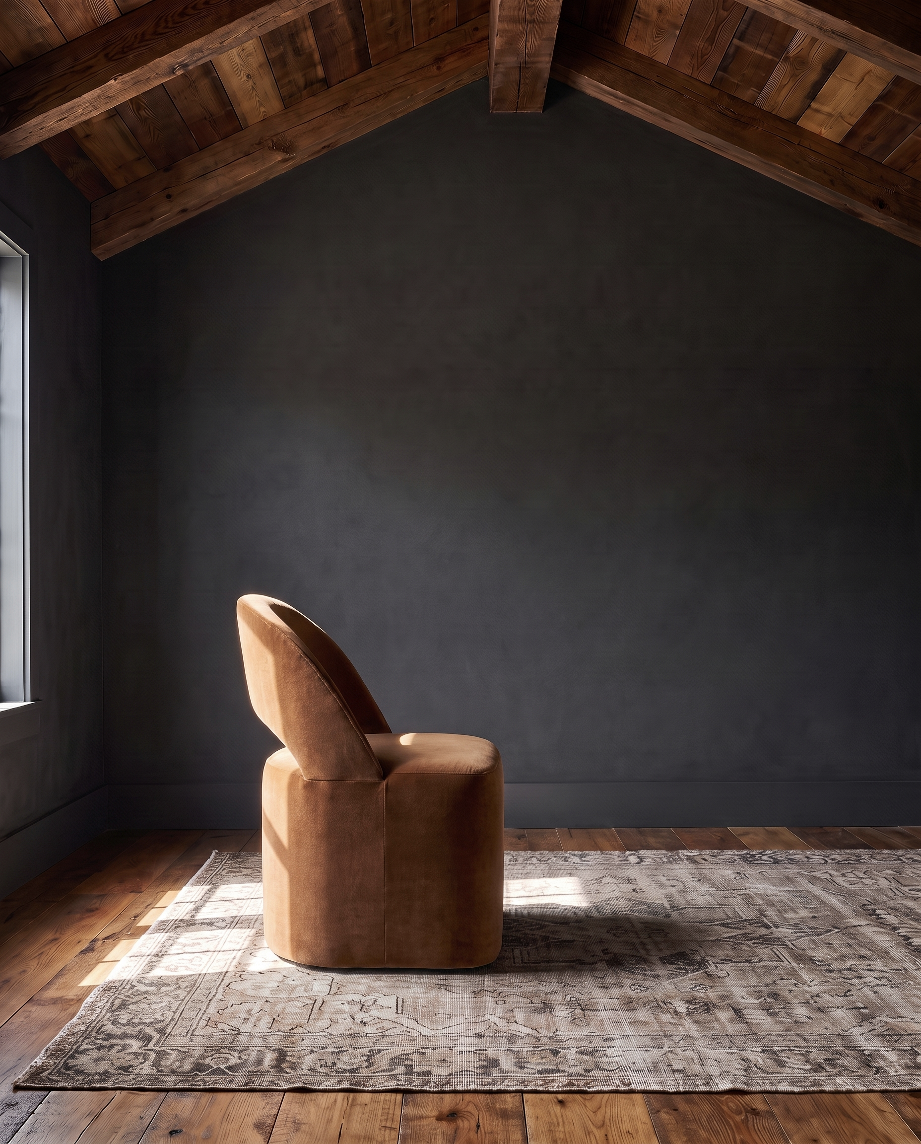 dining room custom furniture modern mountain velvet dining chair Hello Norden - Lynx Dining Chair in Banks Eco-Performance Velvet in Yam, shown in a rustic modern room